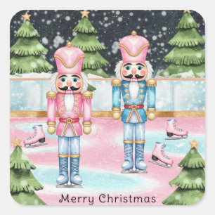 Rosa und blaue Nutcrackers stehend auf einem Eisro Quadratischer Aufkleber