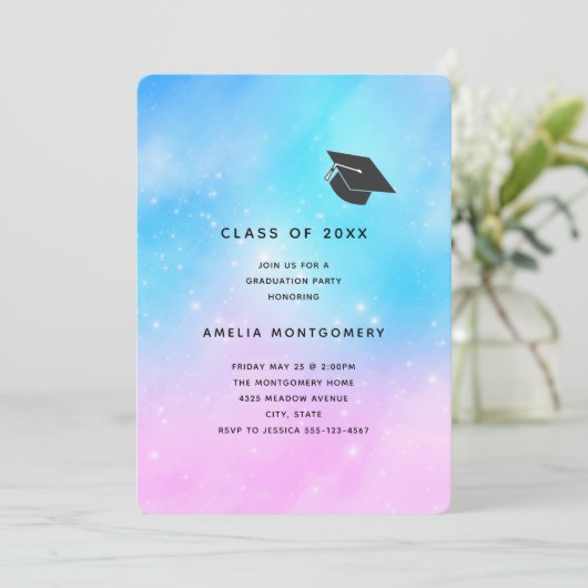 Rosa und blaue Pastellfarben Gradient Sky Abschlus Einladung (Stehend Vorderseite)