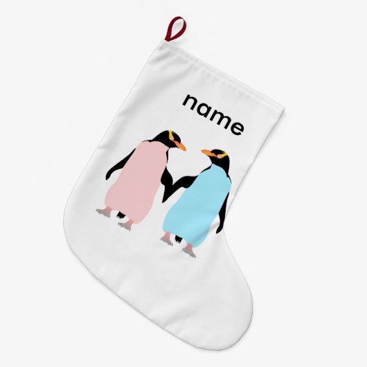 Rosa und blaue Pinguine halten Hände. Großer Weihnachtsstrumpf (Vorderansicht (hängend))