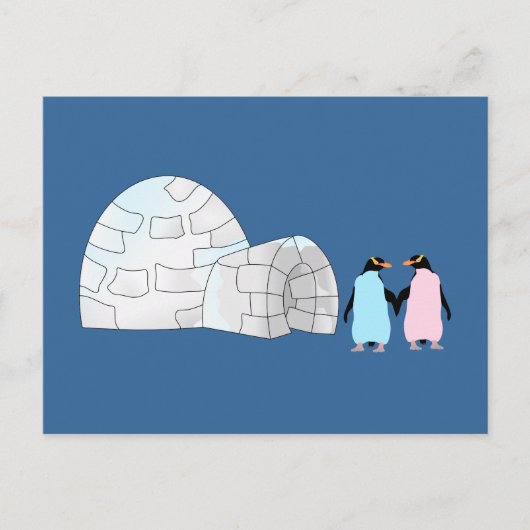 Rosa und blaue Pinguine im Iglu Postkarte (Vorderseite)