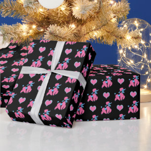 Rosa und blaue Pudel und Herzen auf Schwarz Geschenkpapier