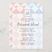 Rosa und blaue Raute Mit Monogramm Twins Baby Dusc Einladung (Vorne/Hinten)