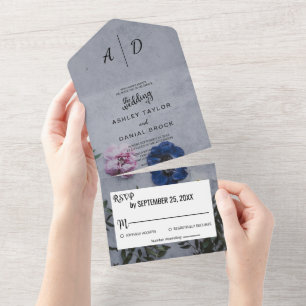 Rosa und blaue Rose botanische Blumenhochzeit Alle All In One Einladung