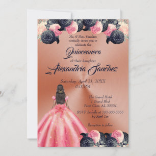 Rosa und blaue Rose Gold Blumenquinceanera Einladung