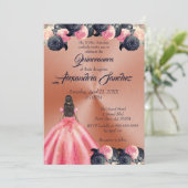 Rosa und blaue Rose Gold Blumenquinceanera Einladung (Stehend Vorderseite)