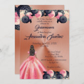 Rosa und blaue Rose Gold Blumenquinceanera Einladung (Vorne/Hinten)