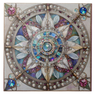 Rosa und Blaue Saphire Diamanten Perlen Mandala Fliese