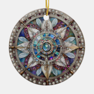 Rosa und Blaue Saphire Diamanten Perlen Mandala Keramik Ornament