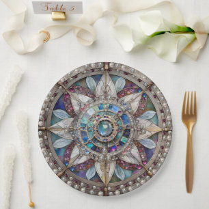 Rosa und Blaue Saphire Diamanten Perlen Mandala Pappteller