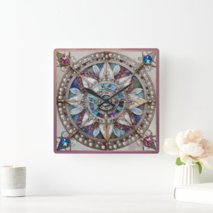 Rosa und Blaue Saphire Diamanten Perlen Mandala Quadratische Wanduhr