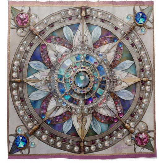 Rosa und blaue Saphire Diamonds Pearls Mandala Duschvorhang (Vorderseite)