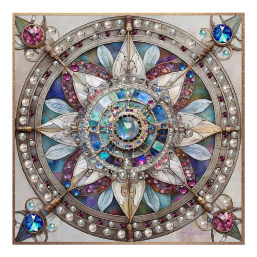 Rosa und blaue Saphire Diamonds Pearls Mandala Fotodruck (Vorne)