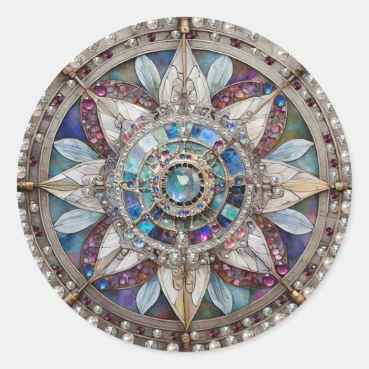 Rosa und blaue Saphire Diamonds Pearls Mandala Runder Aufkleber (Vorderseite)
