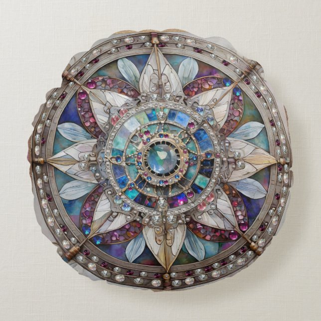 Rosa und blaue Saphire Diamonds Pearls Mandala Rundes Kissen (Vorderseite)
