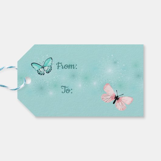 Rosa und blaue Schmetterlinge "mit Liebe" Geschenkanhänger (Rückseite Horizontal)