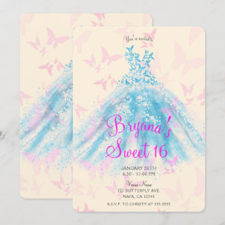 Rosa und blaue Schmetterlingskleidung Sweet 16 Par Einladung