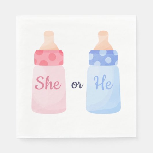 Rosa und Blaue „Sie oder Er?“ Flaschen Geschlecht Serviette (Vorderseite)