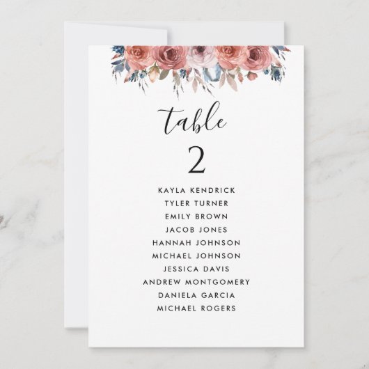 Rosa- und blaue Sitzkarten mit Gästennamen (Vorderseite)