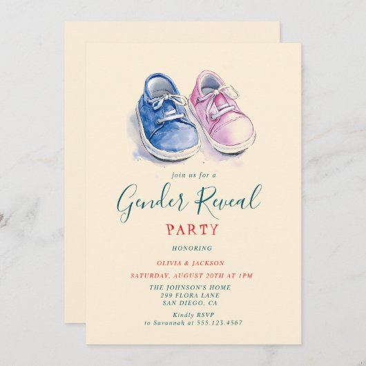 Rosa und blaue Sneakers Gender Reveal Party Einladung (Vorne/Hinten)