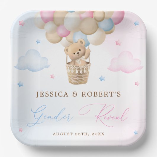 Rosa und blaue Teddybären-Genderdarstellung Pappteller (Vorderseite)