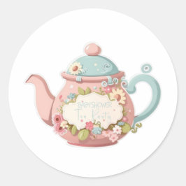Rosa und blaue Teekanne mit floralen Aufklebern Runder Aufkleber
