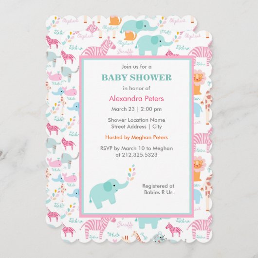 Rosa und blaue Tier-Safari-Baby-Dusche Einladung (Vorne/Hinten)