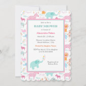Rosa und blaue Tier-Safari-Baby-Dusche Einladung (Vorderseite)