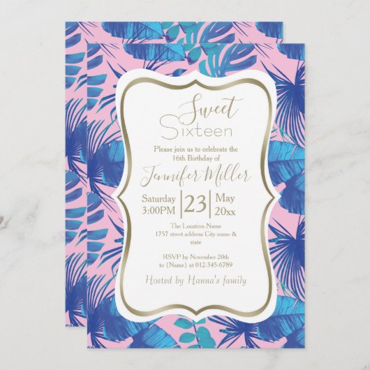 Rosa und blaue tropische Folien personalisiert Einladung (Vorne/Hinten)