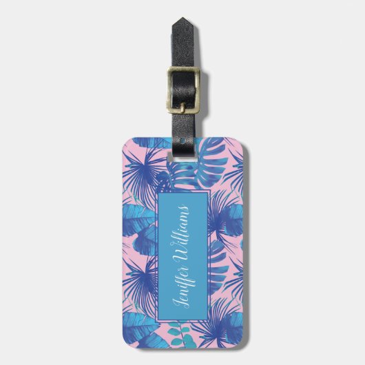 Rosa und blaue tropische Folien personalisiert Gepäckanhänger (Vorderseite vertikal)