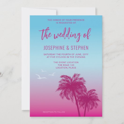 Rosa und blaue tropische Palmen Hochzeiten Einladung (Vorderseite)