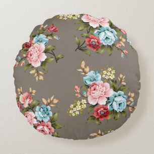 Rosa und blaue Vintage-Blumen mit Grün und Creme Rundes Kissen
