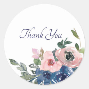 Rosa und blaue Wasserfarbe floral danke klassisch Runder Aufkleber