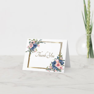 Rosa und blaue Wasserfarbe floral mit goldenem Rah Dankeskarte