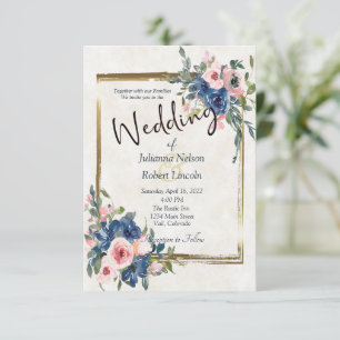 Rosa und blaue Wasserfarbe floral mit goldenem Rah Einladung