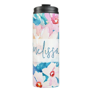 Rosa und blaue Wasserfarbe floral Thermosbecher