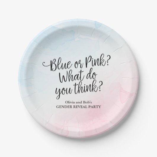 Rosa und blaue Wasserfarbe Geschlecht zeigen Baby- Pappteller (Vorderseite)