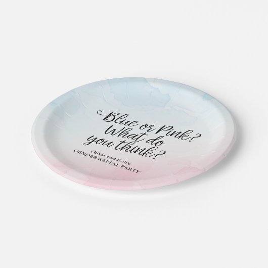 Rosa und blaue Wasserfarbe Geschlecht zeigen Baby- Pappteller (Schrägansicht)