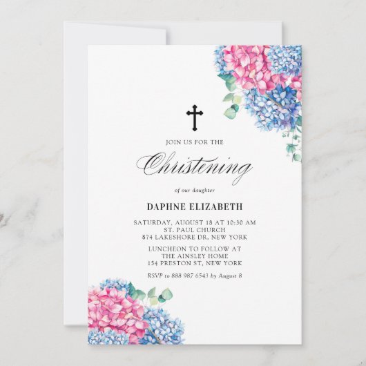 Rosa und blaue Wasserfarbe Hydrangeas Christening Einladung (Vorderseite)