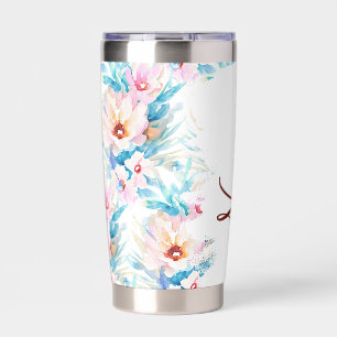 Rosa und blaue Wasserfarben-Blumen personalisiert Thermobecher