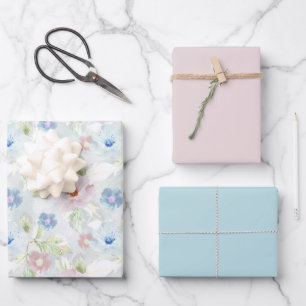 Rosa und blaue Wasserfarbenblumen.  Geschenkpapier Set