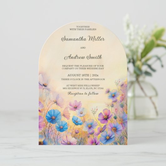 Rosa und blaue Wildblume Einladungen für Hochzeite (Stehend Vorderseite)