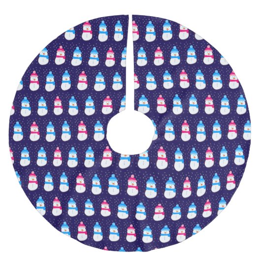 Rosa und blaue Winterschneemänner Polyester Weihnachtsbaumdecke (Vorderseite)