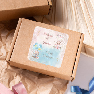 Rosa und blaue Zwillings-Teddybären auf einer Scha Quadratischer Aufkleber