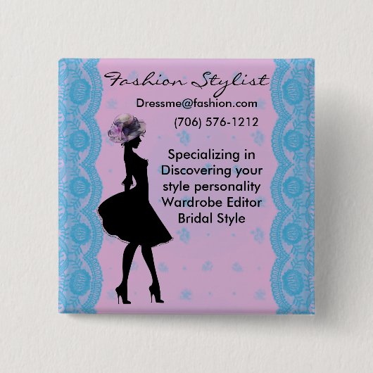 Rosa und blauer Damast-Mode-Stylist-Knopf Button (Vorderseite)
