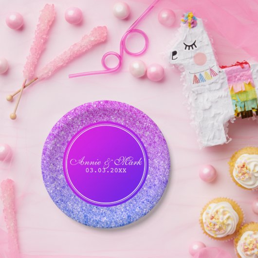 Rosa und blauer Glitzer Save the Date Pappteller (Party)