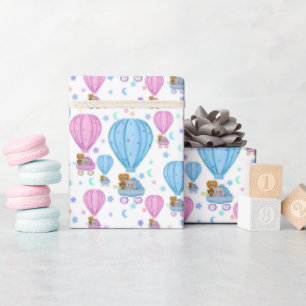 Rosa und blauer Heißluftballon Süße Tiere  Geschenkpapier