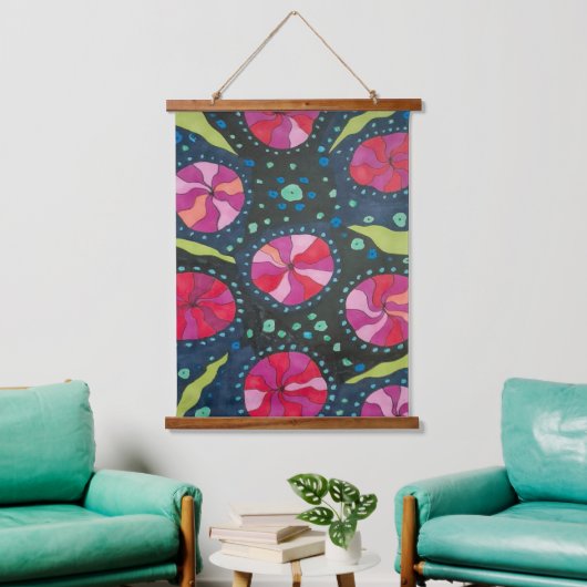 Rosa und blauer kosmischer Pop Wandteppich Mit Holzrahmen (Wohnzimmer)