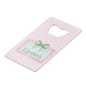 Rosa und blauer Rahmen mit grüner Gingham-Schleife Geldbeutel Flaschenöffner (Vorderseite Schrägansicht)