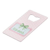 Rosa und blauer Rahmen mit grüner Gingham-Schleife Geldbeutel Flaschenöffner (Rückseite Schrägansicht)