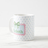 Rosa und blauer Rahmen mit grüner Gingham-Schleife Kaffeetasse (Vorderseite Links)
